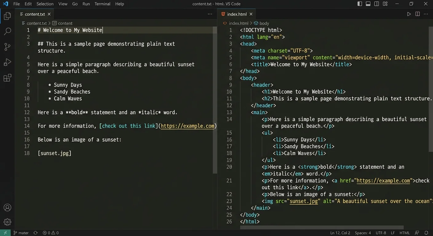 Side-by-side comparison of plain text content being converted to properly structured HTML markup