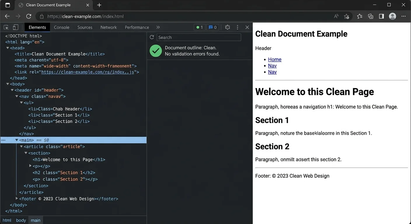 Screenshot of browser dev tools displaying validated HTML document structure with proper heading hierarchy