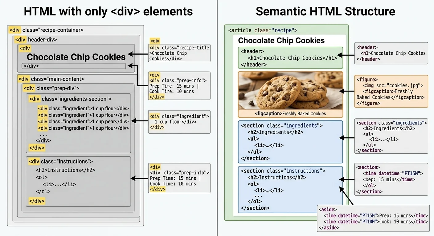 Comparison of non-semantic div-based recipe markup versus semantic HTML recipe markup