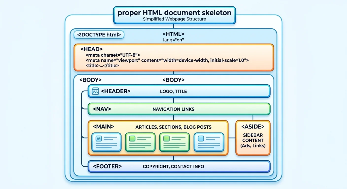 HTML document structure diagram with semantic sectioning elements