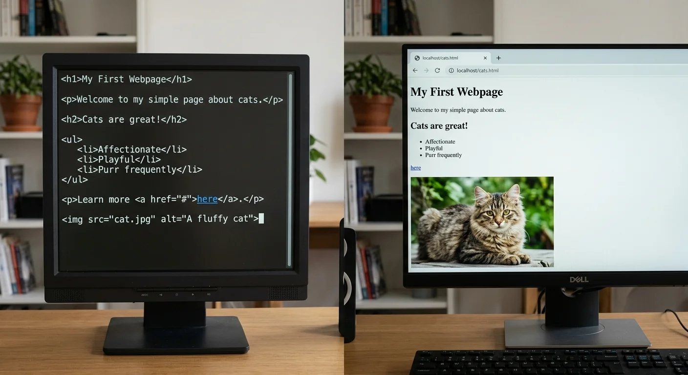 Plain text document next to its HTML-rendered version showing formatted headings and paragraphs