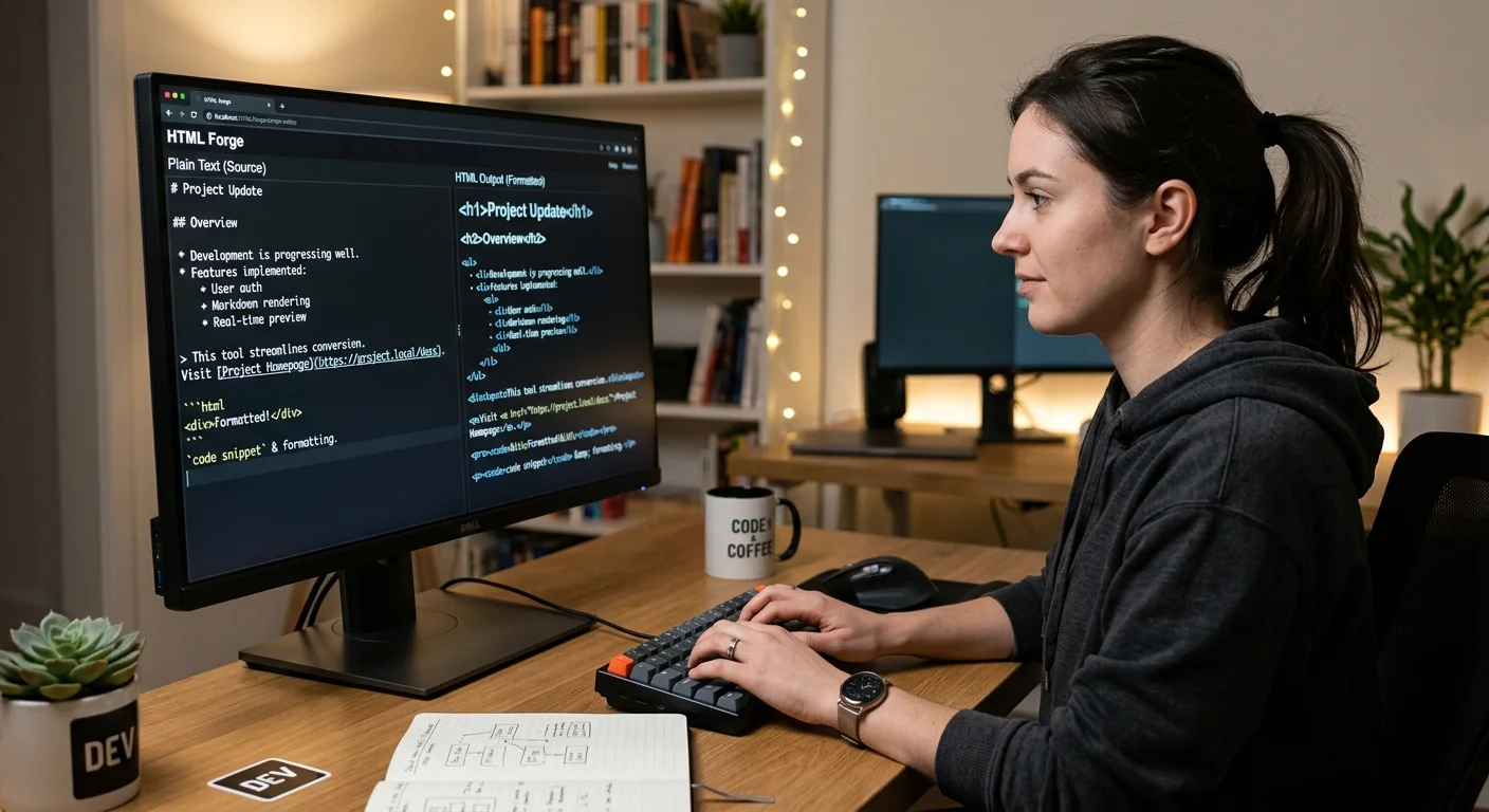 Developer converting plain text to HTML using a markup conversion tool