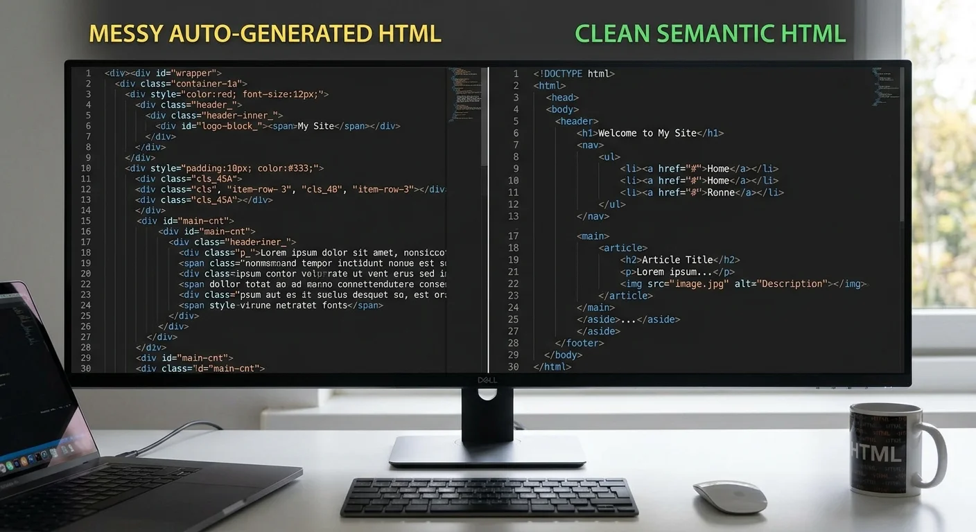 Comparison of poorly formatted HTML versus clean semantic HTML conversion output